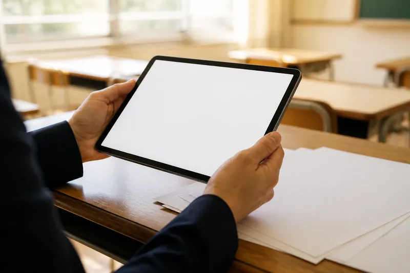 タブレットと印刷した指導案を手にする先生の手元（イメージ）